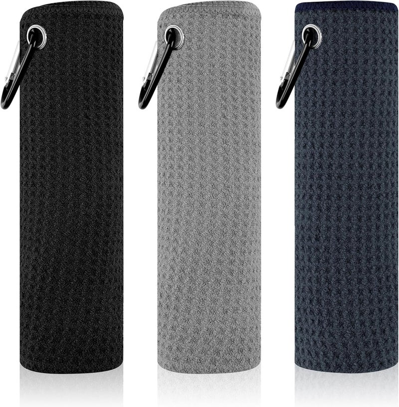 PEASUG 3 Pack Golf Towels (16" x 16"), Absorbent Waffle Pattern Golf Towel for Golf Bag, Tri-Fold Portable Microfiber Golf Towels for Men & Women with Carabiner Clip, Gray/Navy Blue/Black - Image 1
